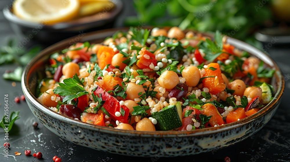 A delicious plate of bulgur wheat salad with roasted vegetables, chickpeas, and a lemon-tahini dressing. A delicious plate of bulgur wheat salad with roasted vegetables, chickpeas, and a lemon-tahini dressing.