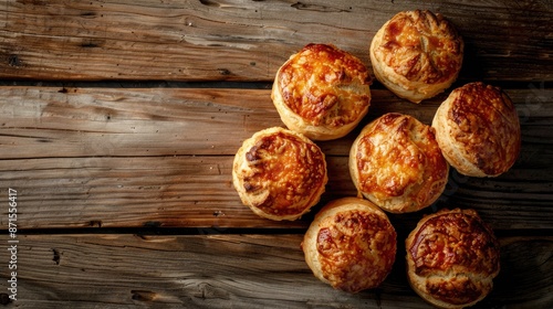 Arrangement of cheese scones across vintage wooden surface