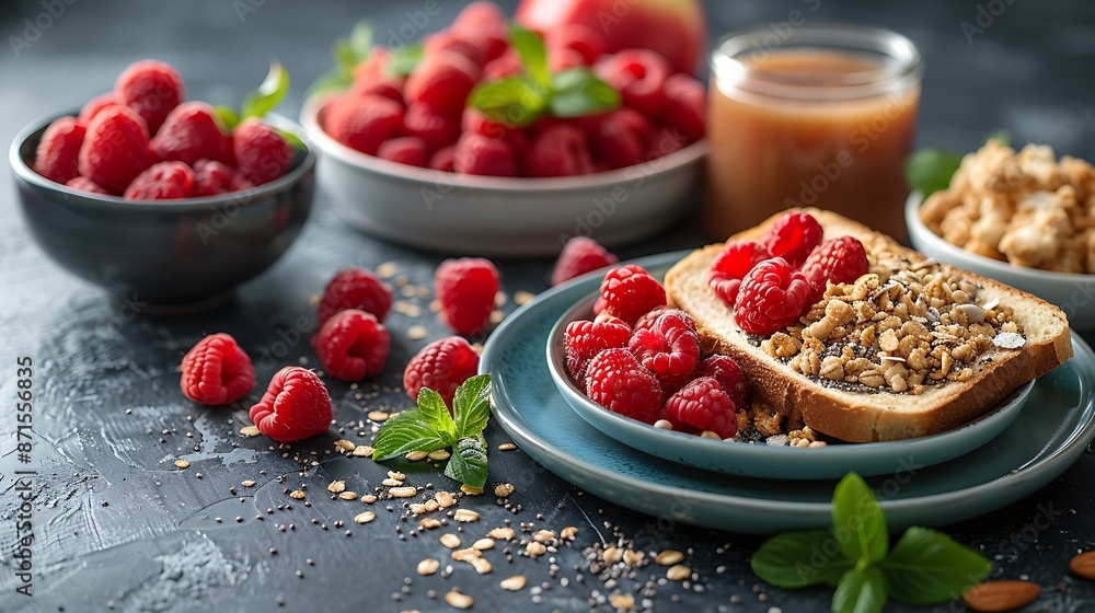 A healthy breakfast spread with a bowl of oatmeal, a yogurt parfait with granola and raspberries, whole grain toast with almond butter and chia seeds, and a glass of fresh apple juice. A healthy breakfast spread with a bowl of oatmeal, a yogurt parfait with granola and raspberries, whole grain toast with almond butter and chia seeds, and a glass of fresh apple juice.