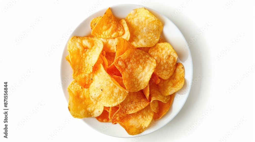 Crispy potato chips on plate top view close up white background Crispy potato chips on plate top view close up white background