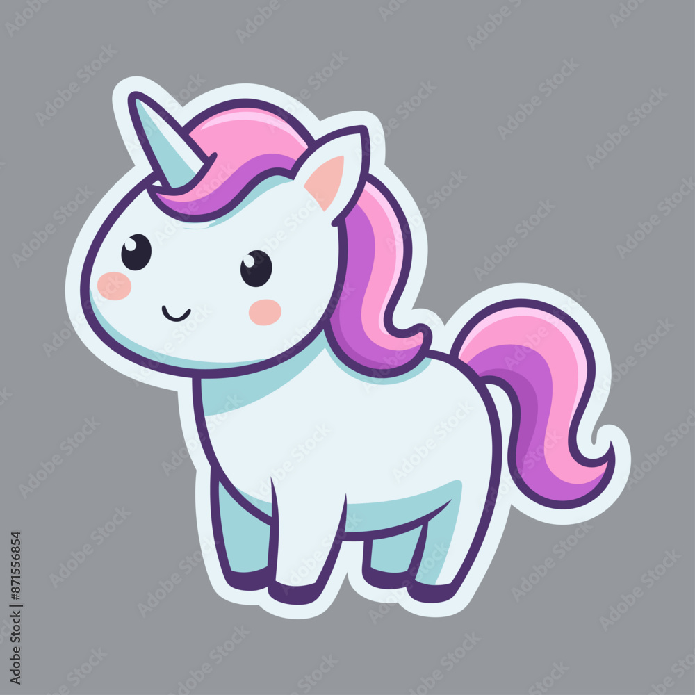 Naklejka premium A cute unicorn with pink mane and tail stands on a gray background