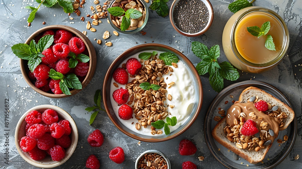A healthy breakfast spread with a bowl of oatmeal, a yogurt parfait with granola and raspberries, whole grain toast with almond butter and chia seeds, and a glass of fresh apple juice. A healthy breakfast spread with a bowl of oatmeal, a yogurt parfait with granola and raspberries, whole grain toast with almond butter and chia seeds, and a glass of fresh apple juice.