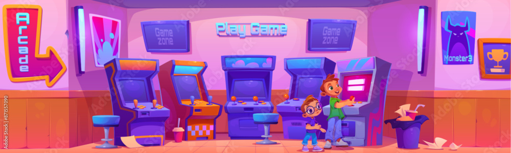 Kid boys playing arcade in retro game machine room interior. Cute ...