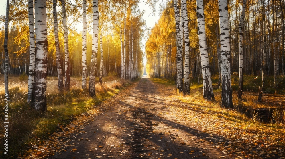 Fototapeta premium Birch leaves blanket dirt road in autumn forest under sunny afternoon sun