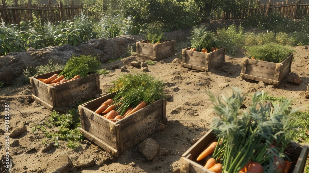 Wooden crates positioned in the carrot fields with remaining produce Wooden crates positioned in the carrot fields with remaining produce