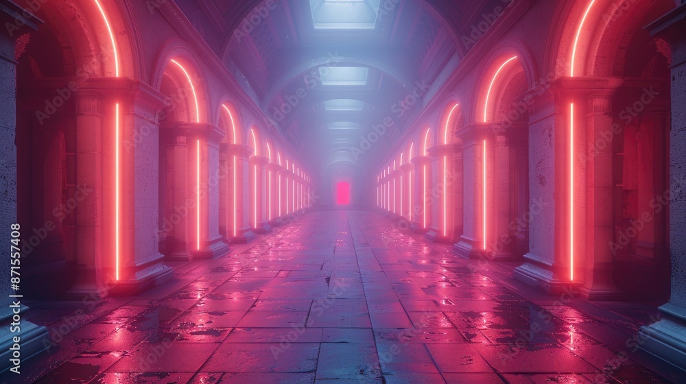 Fototapeta premium Conceptualize a light portal platform with pink neon lights and a cyber casino design aesthetic