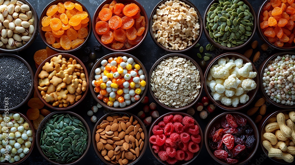 A selection of nutritious snacks like nuts, seeds, dried fruits, and veggie sticks, perfect for on-the-go munching. A selection of nutritious snacks like nuts, seeds, dried fruits, and veggie sticks, perfect for on-the-go munching.