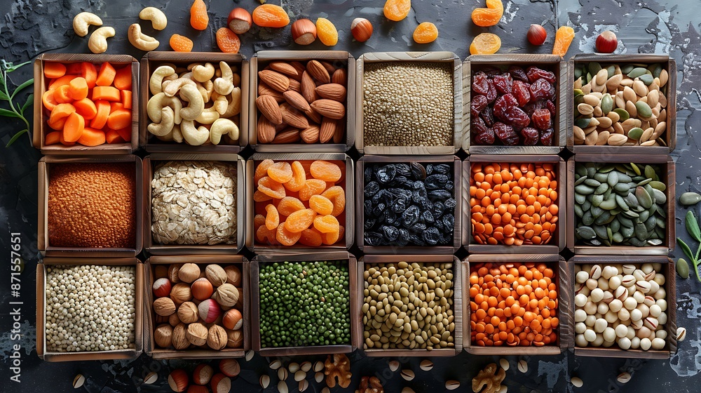 A selection of nutritious snacks like nuts, seeds, dried fruits, and veggie sticks, perfect for on-the-go munching. A selection of nutritious snacks like nuts, seeds, dried fruits, and veggie sticks, perfect for on-the-go munching.