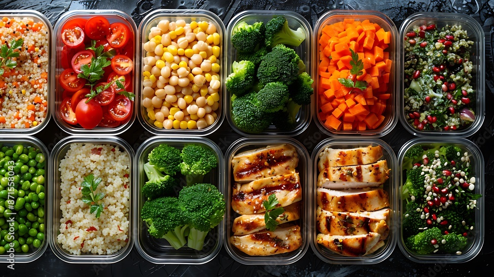 A variety of meal prep containers filled with balanced portions of grilled chicken, quinoa, and steamed broccoli, arranged neatly on a kitchen counter. A variety of meal prep containers filled with balanced portions of grilled chicken, quinoa, and steamed broccoli, arranged neatly on a kitchen counter.