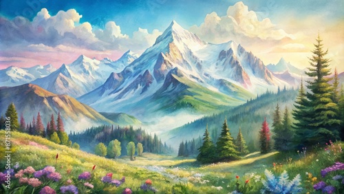 Serene idyllic mountain landscape in the Alps features blooming vibrant meadows with lush greenery and majestic snow-capped peaks in summer. © DigitalArt Max