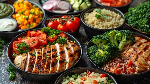 A variety of meal prep containers filled with balanced portions of grilled chicken, quinoa, and steamed broccoli, arranged neatly on a kitchen counter.