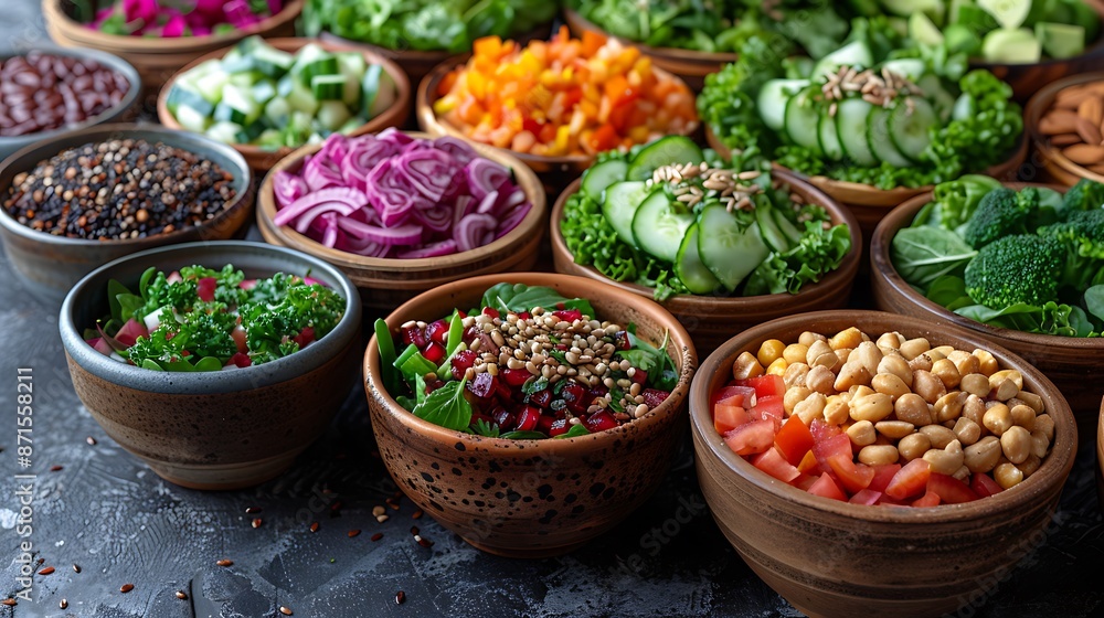 A variety of salads featuring leafy greens, nuts, seeds, and dressings, showcasing the diversity and appeal of healthy eating. A variety of salads featuring leafy greens, nuts, seeds, and dressings, showcasing the diversity and appeal of healthy eating.