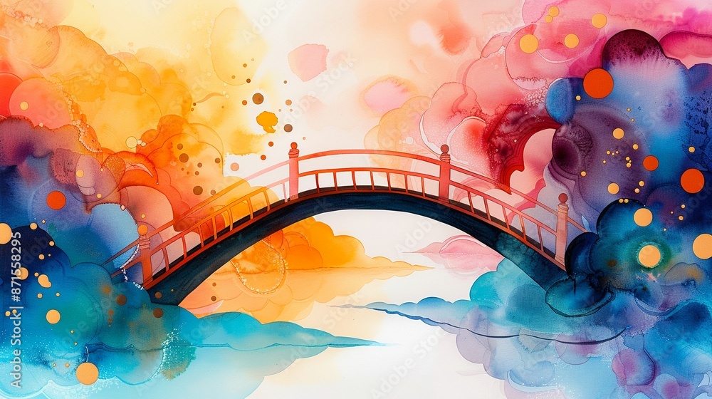 Obraz premium A bridge made of colorful ideas connecting two abstract landscapes, watercolor, symbolic, detailed