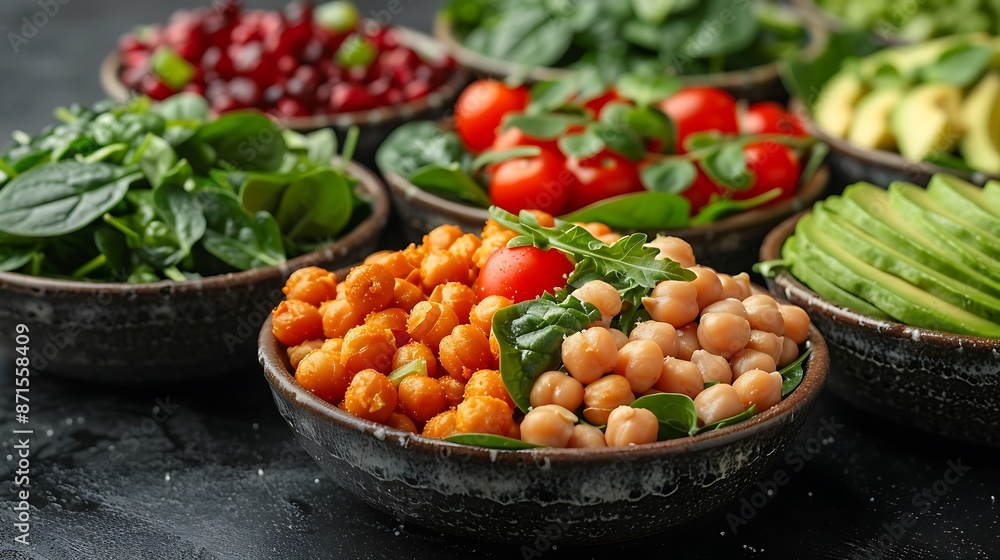 A variety of salads with ingredients like spinach, roasted chickpeas, cherry tomatoes, and avocado, arranged in an appealing manner. A variety of salads with ingredients like spinach, roasted chickpeas, cherry tomatoes, and avocado, arranged in an appealing manner.