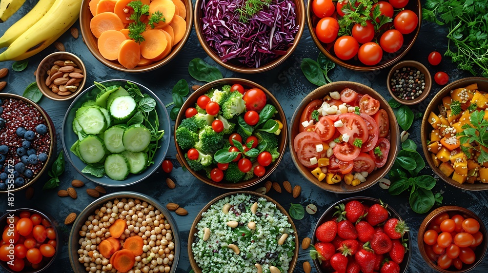 A vibrant array of plant-based dishes including roasted vegetables, quinoa salad, and a colorful assortment of fresh fruits and nuts, presented on a rustic wooden table. A vibrant array of plant-based dishes including roasted vegetables, quinoa salad, and a colorful assortment of fresh fruits and nuts, presented on a rustic wooden table.