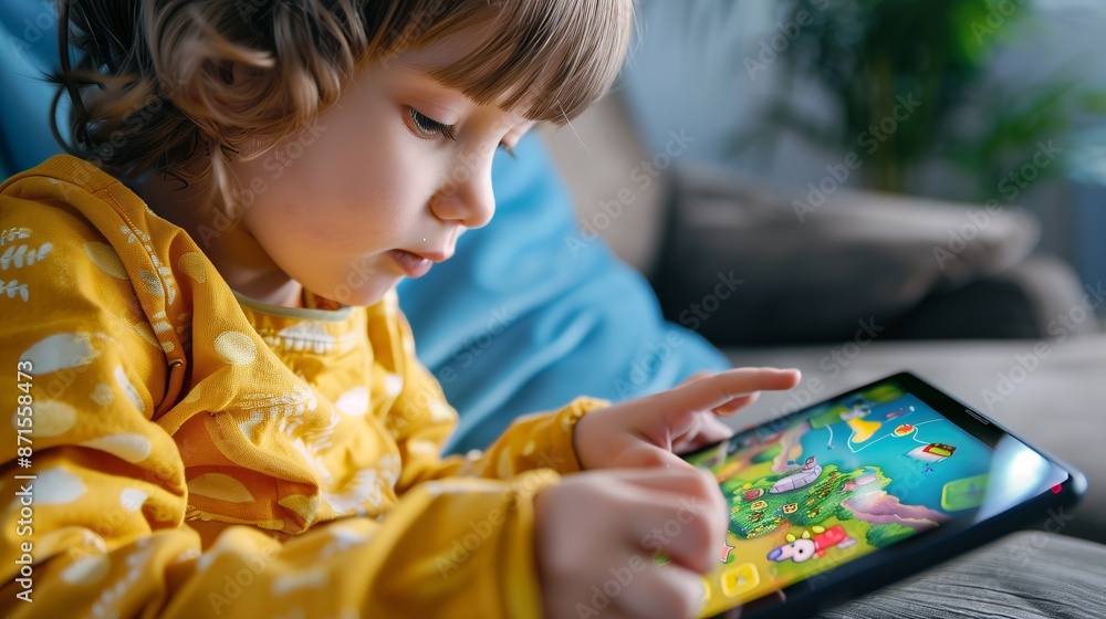 A child is immersed in a vibrant, fun mobile game on a tablet. A child is immersed in a vibrant, fun mobile game on a tablet.