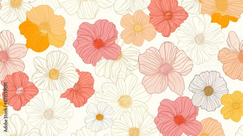 Wallpaper Mural This image features a vibrant, seamless pattern of hand-drawn style flowers in warm tones, perfect for backgrounds or textiles Torontodigital.ca