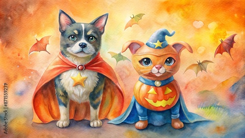 Adorable cat and dog duo dressed in matching superhero costumes pose together on an orange background amidst Halloween decorations.
