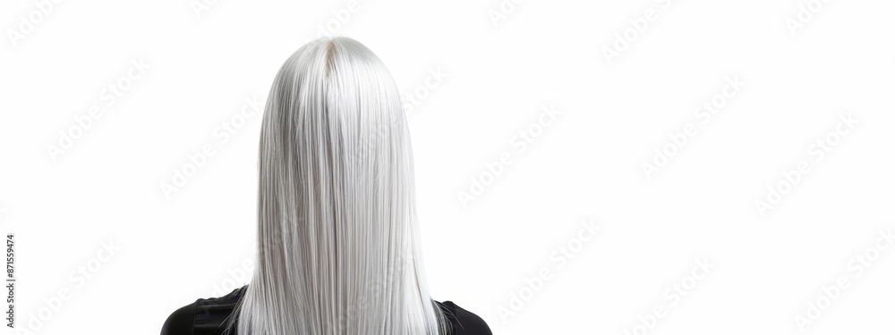 Woman's head in profile, long straight white hair, black dress against white background Woman's head in profile, long straight white hair, black dress against white background