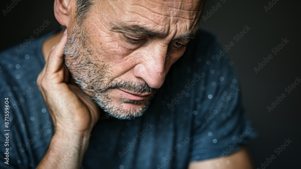 Portrait of Middle-Aged Man in Deep Sorrow with Tears, Hyper Realistic Depiction on Dark Background with Copy Space. Portrait of Middle-Aged Man in Deep Sorrow with Tears, Hyper Realistic Depiction on Dark Background with Copy Space.