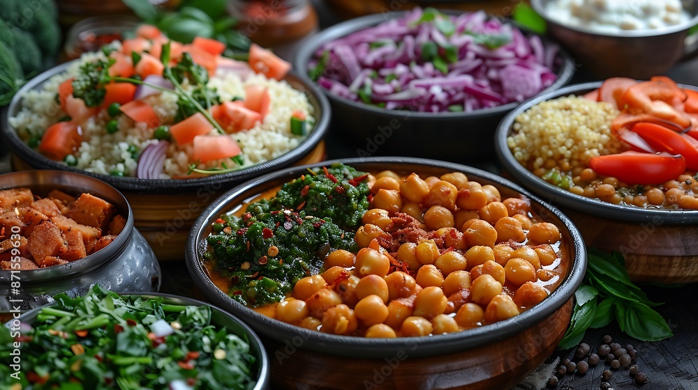 A visually appealing spread of vegan dishes featuring a chickpea and spinach curry, quinoa salad, and a variety of grilled vegetables. A visually appealing spread of vegan dishes featuring a chickpea and spinach curry, quinoa salad, and a variety of grilled vegetables.