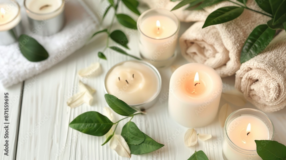 Still life composition featuring towel candles and green leaves on white wooden surface Still life composition featuring towel candles and green leaves on white wooden surface