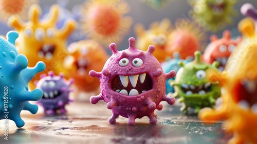 Colorful Cartoon Virus Characters in a Playful and Vibrant Scene © ladaz