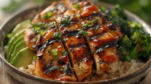 A wholesome bowl of brown rice topped with grilled chicken, steamed broccoli, and avocado slices, presented in a clean and appealing style. © ThuyTrang