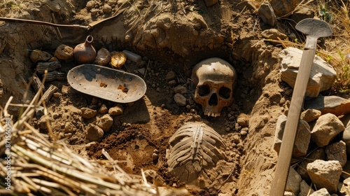 Archaeological dig finds human remains and artifacts in tomb outdoors photo