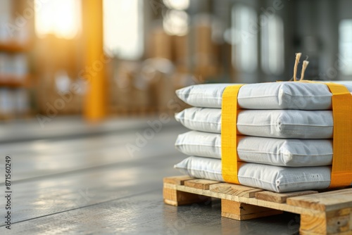 Stack of White Bags on Wooden Pallet in Warehouse