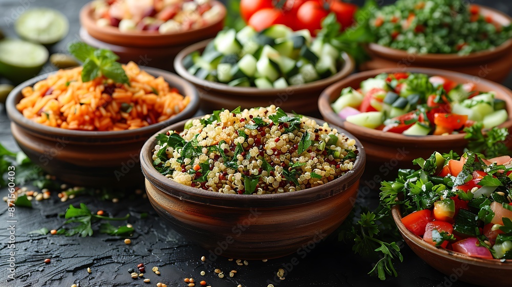 An array of dishes made with whole grains like quinoa, brown rice, and bulgur, paired with fresh vegetables and lean proteins. An array of dishes made with whole grains like quinoa, brown rice, and bulgur, paired with fresh vegetables and lean proteins.