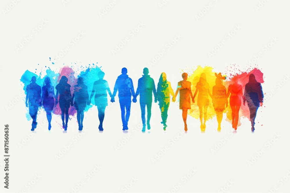 Obraz premium Silhouettes of People Walking Together in Watercolor