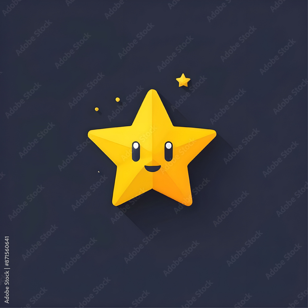 Smiling Star Icon: A cute yellow star with a happy face and long shadow on a dark blue background, perfect for branding, app design, or social media. Smiling Star Icon: A cute yellow star with a happy face and long shadow on a dark blue background, perfect for branding, app design, or social media.