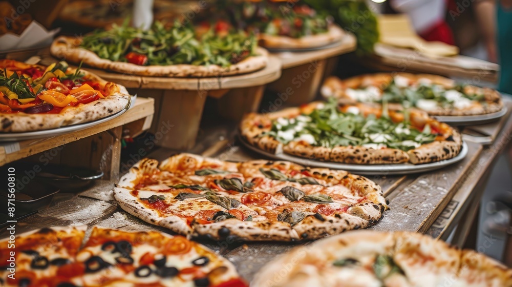 Close up of delectable flavorful pizzas with toppings displayed on table Close up of delectable flavorful pizzas with toppings displayed on table