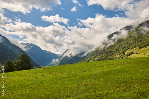 Grossglockner. Serpentine alpine road viewpoint. Green forest and clouds. Austria