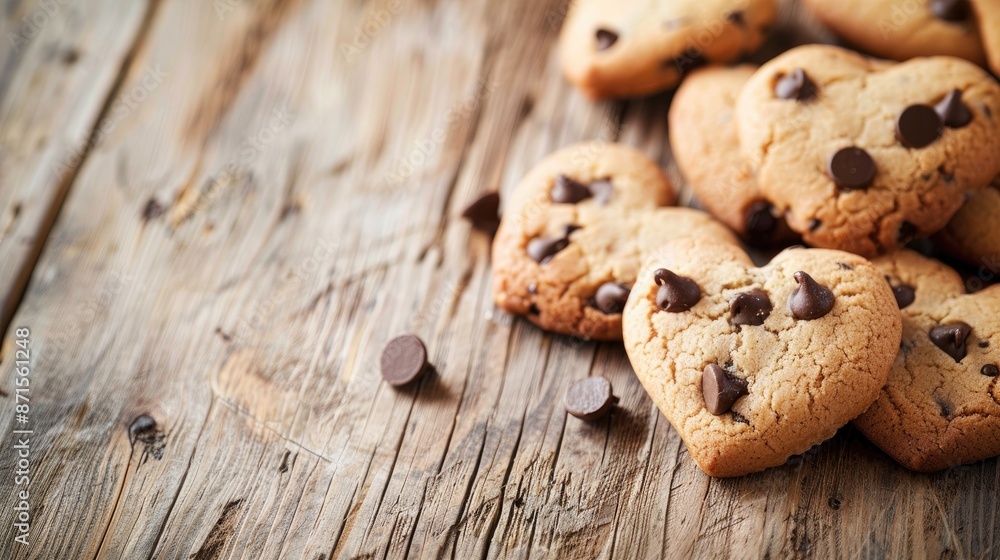 Fototapeta premium Heart shaped chocolate chip homemade cookies on a rustic wooden table