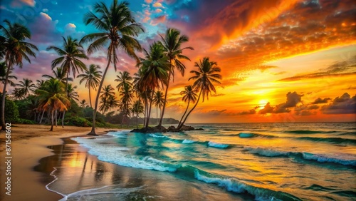 Vibrant orange sky with silhouetted palm trees and calm turquoise waves at peaceful deserted beach.
