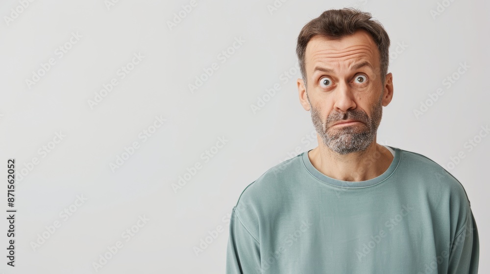 Portrait of a Middle-Aged Man Expressing Skepticism with Raised Eyebrow and Frown, Copy Space Included for Text Placement Portrait of a Middle-Aged Man Expressing Skepticism with Raised Eyebrow and Frown, Copy Space Included for Text Placement