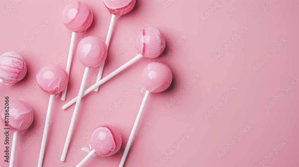 Copy space with pink pastel background featuring lollipops on white plastic sticks Copy space with pink pastel background featuring lollipops on white plastic sticks