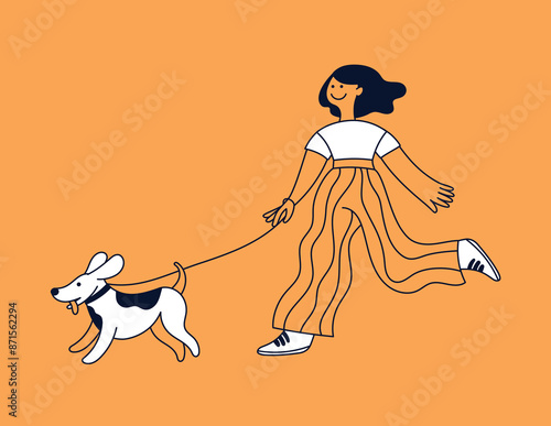 Vector simple illustration in line style, girl walking with a dog on a lead, friendly mascot and character