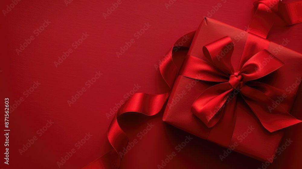 Romantic gift box with red ribbon on red background with space for text Romantic gift box with red ribbon on red background with space for text