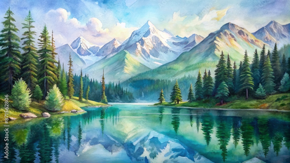 Breathtaking serene alpine landscape with still lake reflection mirroring snow-capped mountains surrounded by lush green forest under a clear blue sky. Breathtaking serene alpine landscape with still lake reflection mirroring snow-capped mountains surrounded by lush green forest under a clear blue sky.