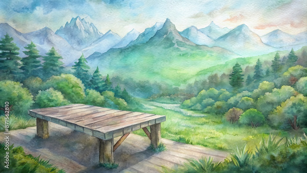 Rustic wooden table or platform situated in serene natural landscape with mountain range and lush greenery in the background. Rustic wooden table or platform situated in serene natural landscape with mountain range and lush greenery in the background.