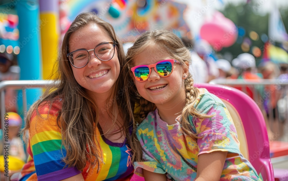A mother and daughter smile brightly at the camera, wearing rainbow-themed clothing. They are at a summer carnival. A mother and daughter smile brightly at the camera, wearing rainbow-themed clothing. They are at a summer carnival.