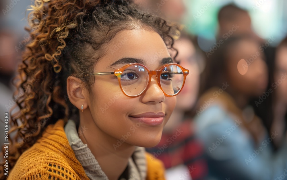 A young woman with curly hair and glasses smiles while attending a conference or lecture. A young woman with curly hair and glasses smiles while attending a conference or lecture.
