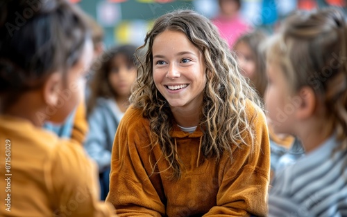 A young woman smiles while talking to her friends in a casual setting.