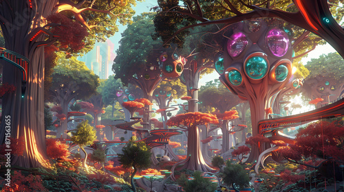 Illustrate a surreal and abstract cartoon-based landscape of evergreen technology with a fisheye lens at sunrise, blending whimsical. Generative AI