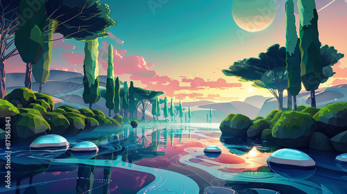 Illustrate a surreal and abstract cartoon-based landscape of evergreen technology with a fisheye lens at sunrise, blending whimsical and futuristic elements in a vibrant. Generative AI