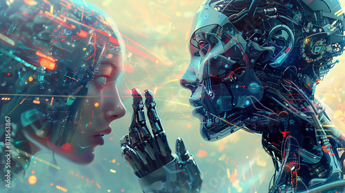 Illustrate the essence of artificial intelligence with a wide-angle lens in the afternoon, highlighting the interaction between AI and humans in a realistic. Generative AI