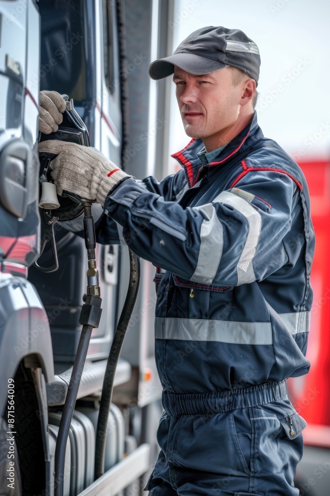 Truck driver fueling the truck, holding a fuel pump, wearing a work uniform and gloves, standing at the fuel tank, Portrait half-body, hyper-realistic, high detail, photorealistic, white background, Truck driver fueling the truck, holding a fuel pump, wearing a work uniform and gloves, standing at the fuel tank, Portrait half-body, hyper-realistic, high detail, photorealistic, white background,